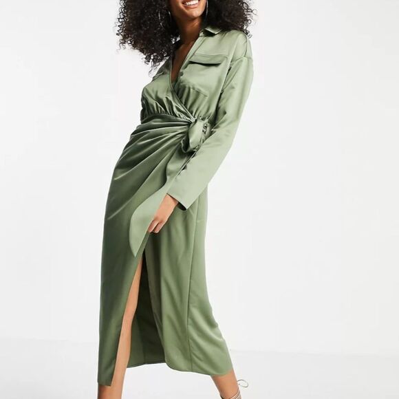 ASOS DESIGN satin collared wrap midi shirt dress in khaki 14 NWT in packaging - Picture 1 of 7
